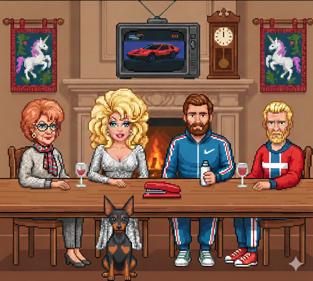 JB Fletcher, Dolly Parton, Coach Bennet, a Norweigan olympian sit at a dinner table. A miniature pinshcer sits in front of them.