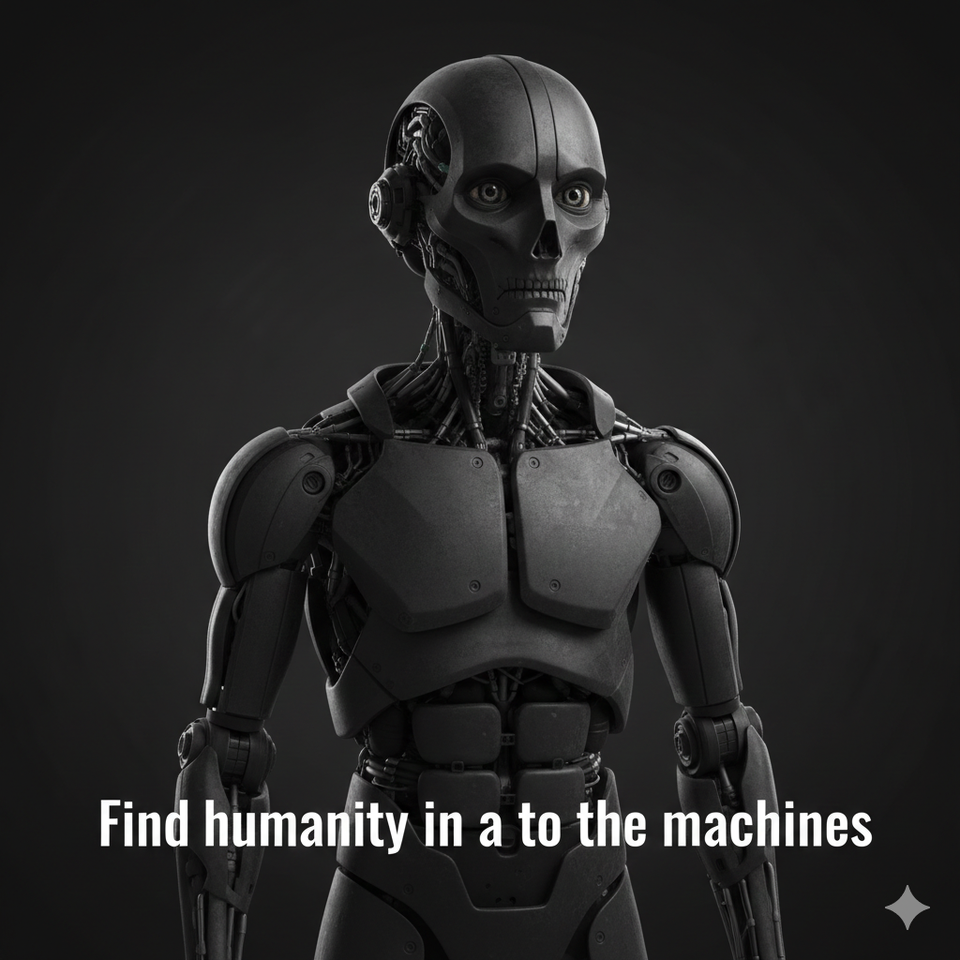 Image of a terrifying robot that is matte gray with a quite serious facial expression, captioned "Find humanity in a to the machines"