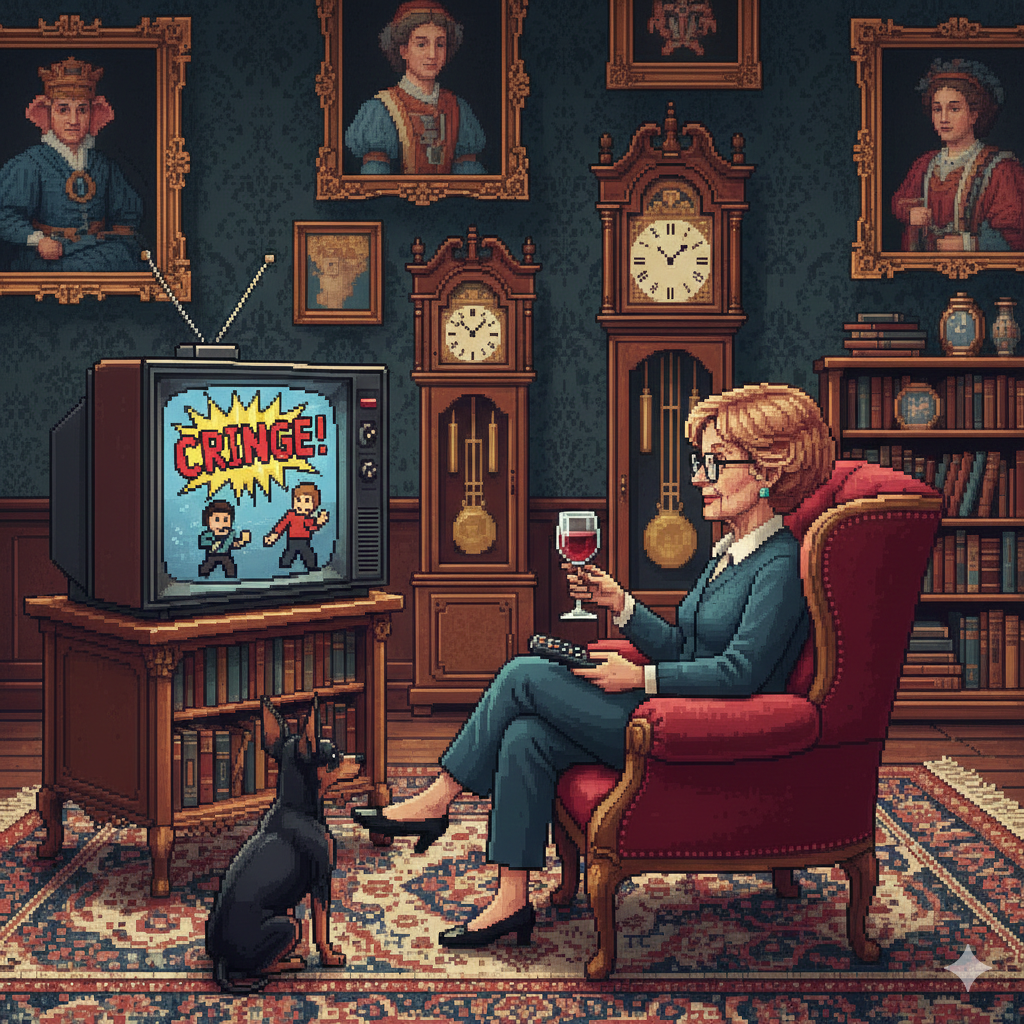 A JB Fletcher like character sitting in a baroque style living room with two grandfather clocks set to the same time